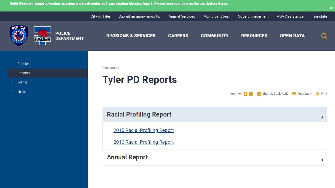 Tyler PD Reports | Tyler, TX - City of Tyler